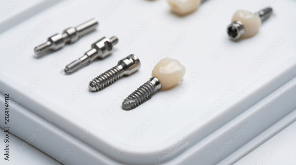 Fototapeta premium Dental Implants and Crowns Arranged on White Tray for Demonstration Purposes