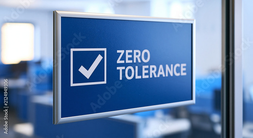 Close-up of a blue sign with a check mark reading zero tolerance. Represents workplace standards and strict compliance.