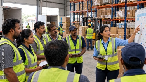 Warehouse logistics team safety vest group meeting female manager storage facility shipment boxes inventory control business training India logistics forklift warehouse paper clipboard industrial