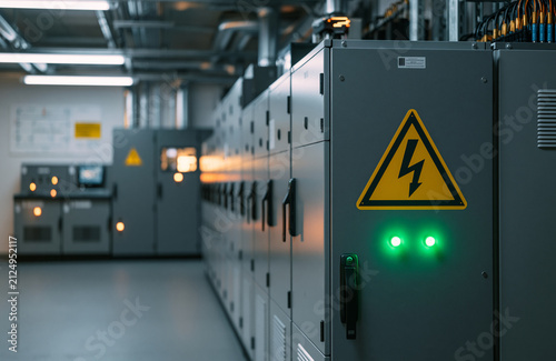 Industrial electrical control panels with a yellow lightning hazard sign. This highlights power management and.