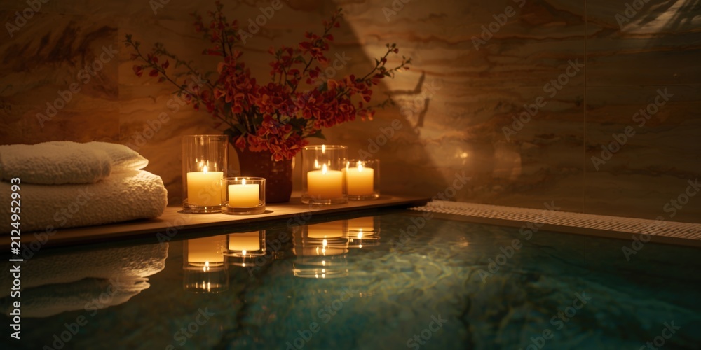 Obraz premium Serene Spa Setting with Candles and Flowers Reflecting in Water