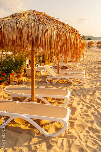 beach lounge chairs arranged on sandy beach with straw umbrellas and potted plants in sunny setting, relaxing.