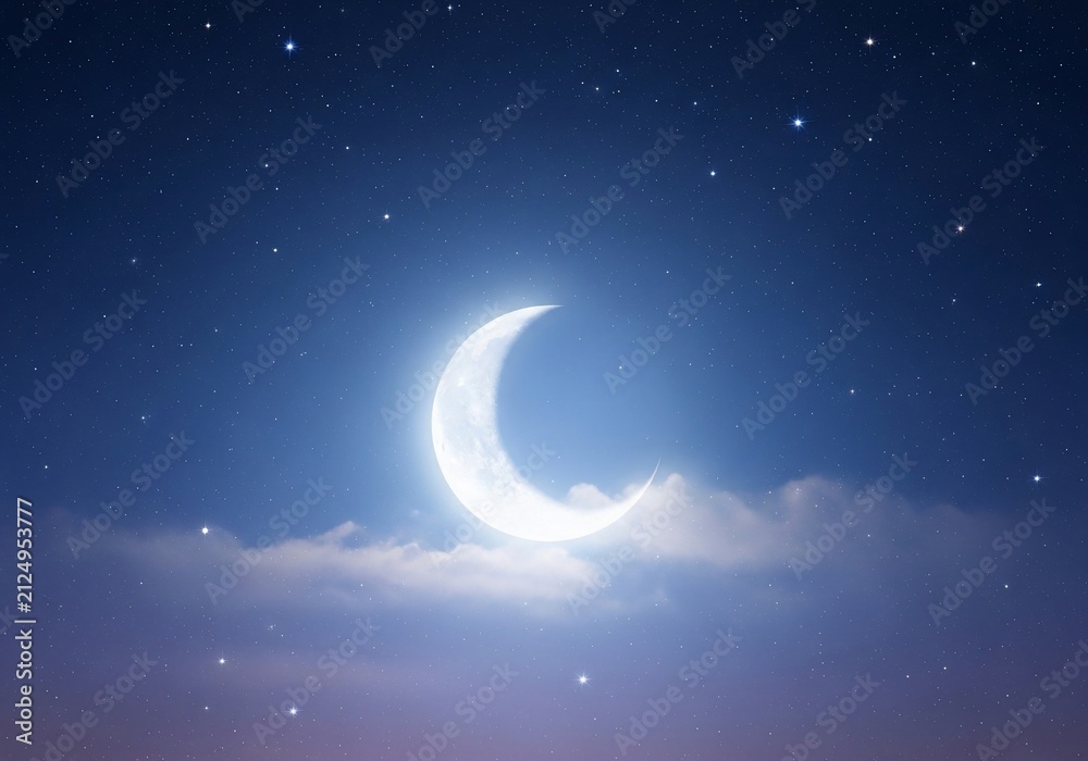 Naklejka premium 宵闇の銀月、雲間を漂う星々
