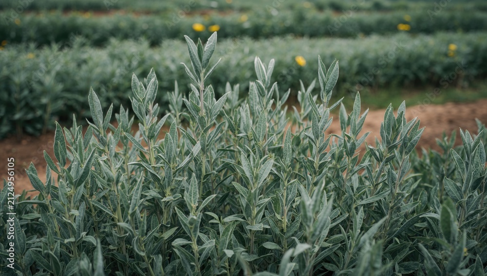 Fototapeta premium Lush Greenery of Shrubs in a Farm Field during Overcast Weather