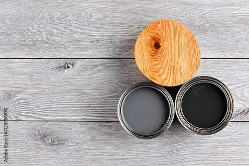 Open cans of light and dark wood stain with a finished wood sample on rustic planks