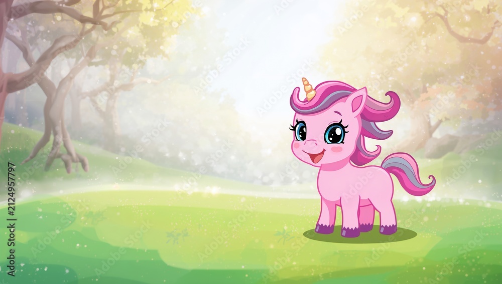 Fototapeta premium Pink Unicorn with a Sparkling Horn in a Magical Forest Clearing