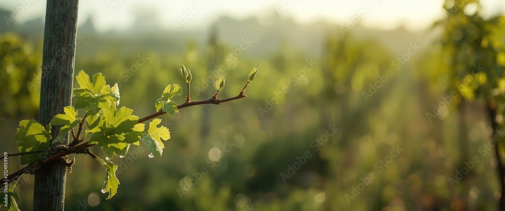 Naklejka premium Vineyard Grape Leaves Growing on a Sunny Morning with Soft Focus