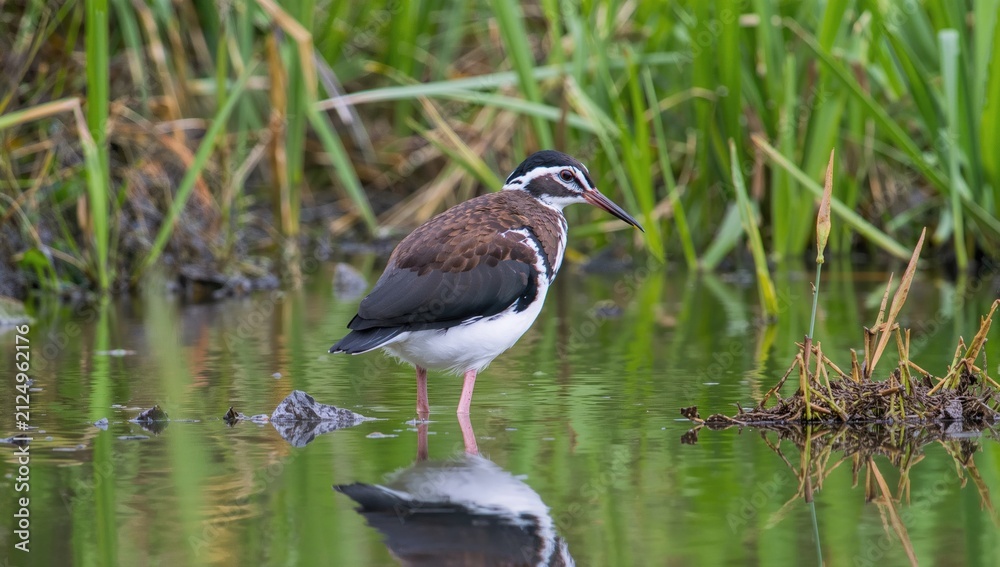 Fototapeta premium Bird Standing in Shallow Water Among Green Grass in Natural Habitat