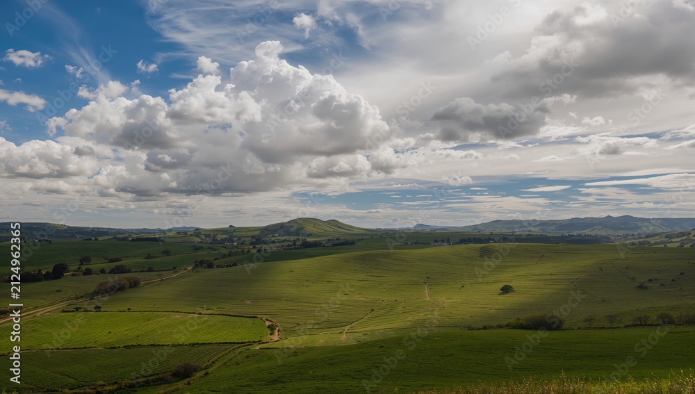 Fototapeta premium Vast Green Rolling Hills Under Dramatic Cloudy Sky in Daylight