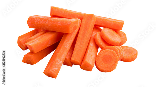 Freshly cut orange carrot sticks and slices, isolated on transparent background
