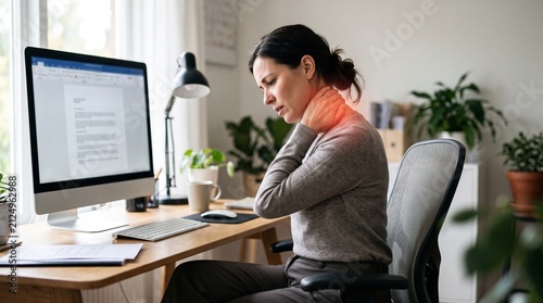 Woman suffering from neck and shoulder pain in home office
