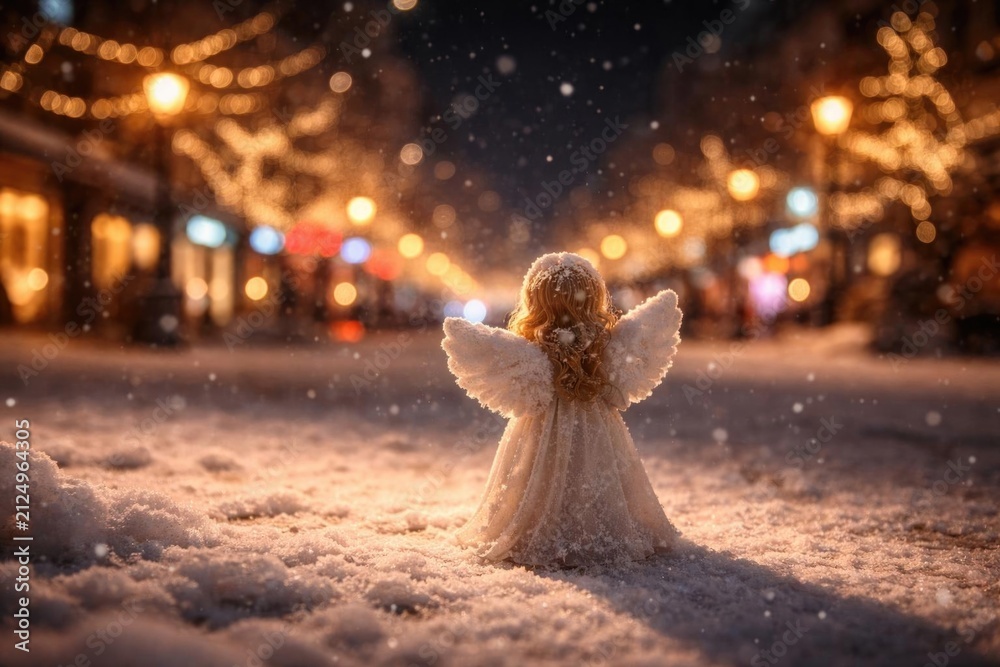 Fototapeta premium Angel Figurine Standing in Snow on a Christmas Street at Night with Soft Lights