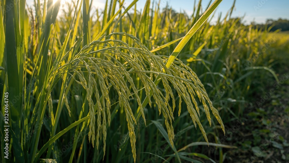 Obraz premium Ripening Rice Grains in Lush Green Field Under Sunlight
