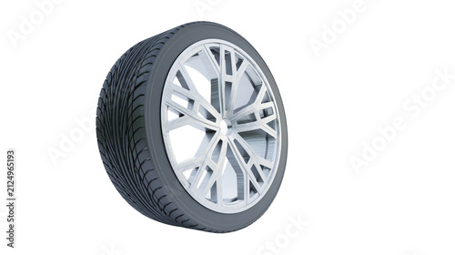Konstfotografi Modern silver alloy wheel with black rubber tire, isolated on transparent backgr
