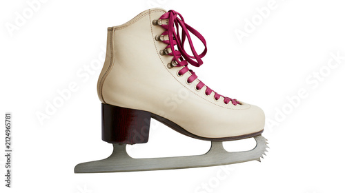 Фотография Cream leather figure skate with magenta laces and dark wood heel, isolated on tr