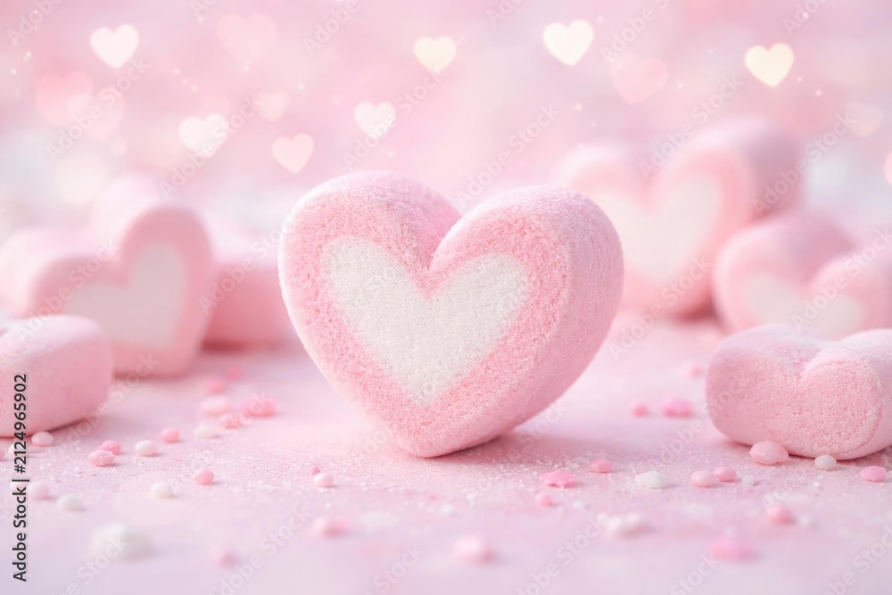 Obraz premium Pink Heart-Shaped Marshmallow on a Soft Pink Background with Candy Sprinkles