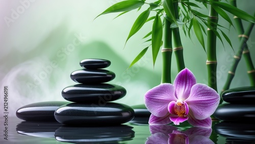 Black Stones Stacked Next to Green Bamboo and Purple Orchid Flower on Water Surface