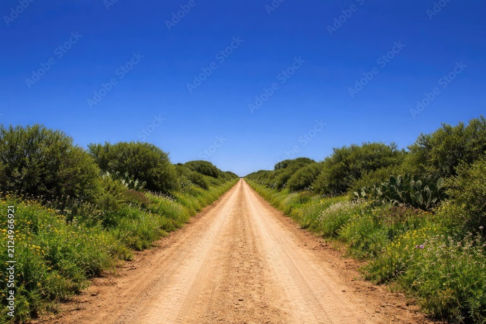 Naklejka premium Dirt Road Leading Through Lush Greenery Under Clear Blue Sky