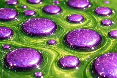 Colorful Purple Glittery Droplets on Green Abstract Surface