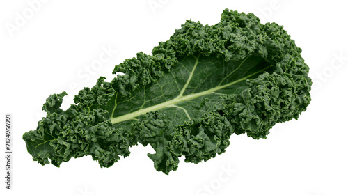 Canvas Print Single curly green kale leaf with prominent veins, isolated on transparent backg