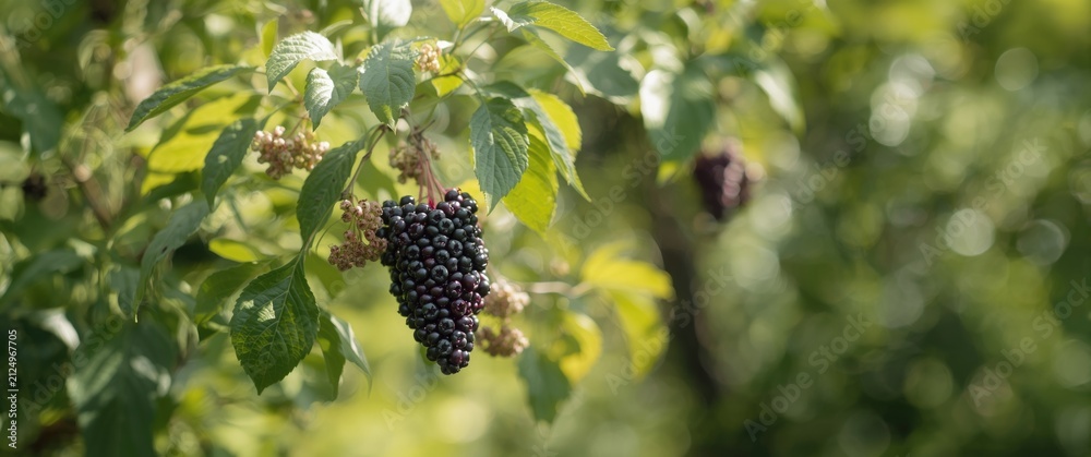 Obraz premium Ripe Black Grapes Growing on a Vine with Green Leaves in Soft Natural Light