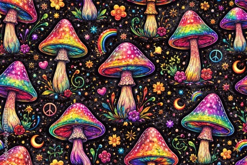 Colorful Rainbow Mushrooms Surrounded by Flowers and Stars on Black Background