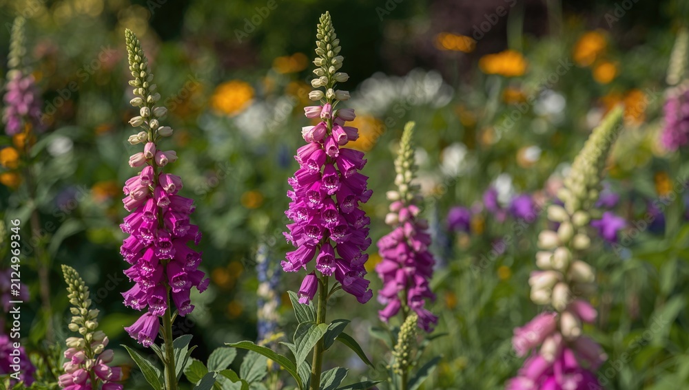 Obraz premium Pink Foxglove Flowers Blooming in a Vibrant Garden Background