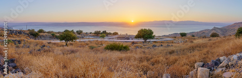 Sunset panorama of Sussita (Hippos) NP, and Sea of Galilee