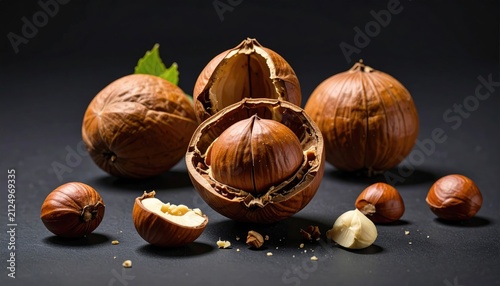 Arrangement of whole and cracked hazelnuts with inner nuts on a dark surface, illuminated by soft light