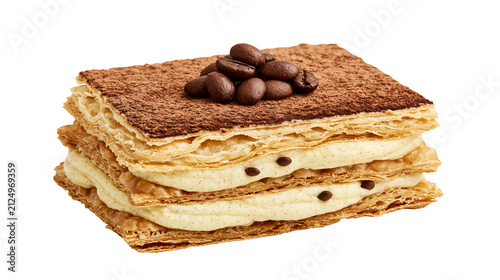 Принти на полотні Layered tiramisu dessert with flaky pastry cream filling cocoa powder and coffee