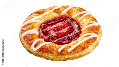 Photography Golden brown flaky pastry with sweet strawberry jam filling and white icing driz