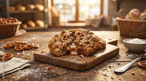 Freshly baked gourmet stuffed cookie with pretzel pieces, sea salt flakes, and caramel sauce
