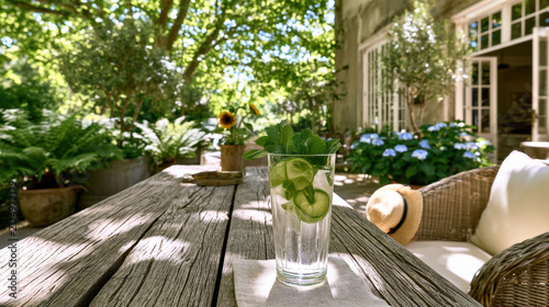 Glass cucumber mint water wooden table garden terrace sunlight summer outdoor refreshing drink green leaf cozy relaxation nature plant rustic
