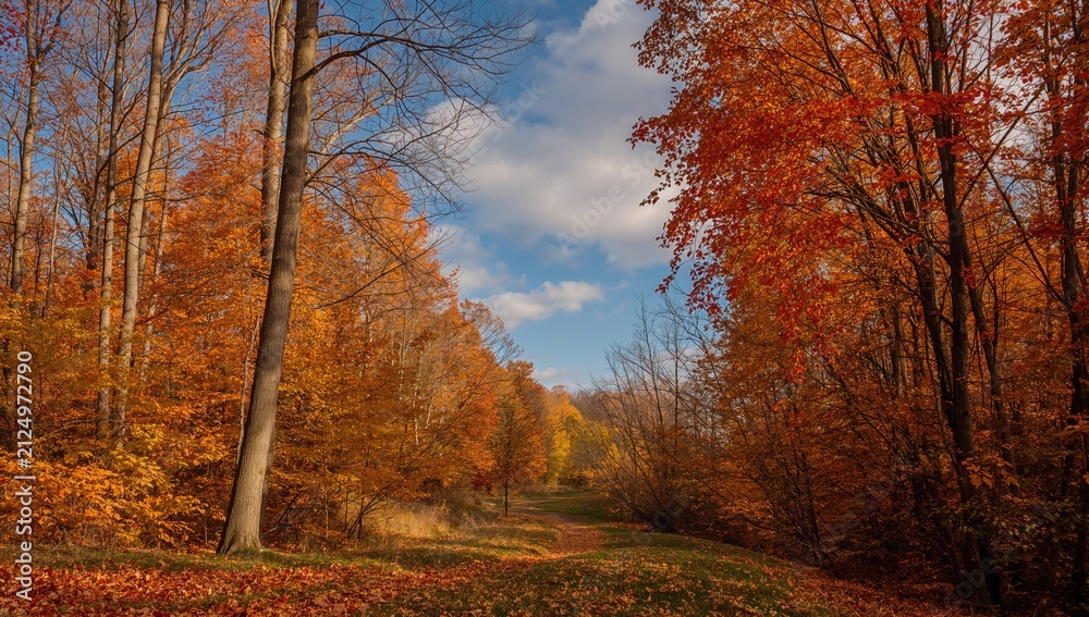 Fototapeta premium Autumn Pathway Through Vibrant Orange and Yellow Forest Under Partly Cloudy Sky