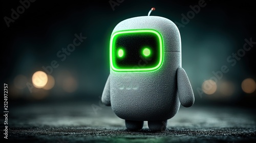 Cute Robot Character with Green Digital Face Display in Dark Environment.