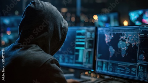 Cybersecurity Expert Analyzing Data on Multiple Computer Screens.