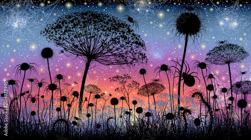 Spiders and ethereal plants silhouetted against a starry twilight sky.