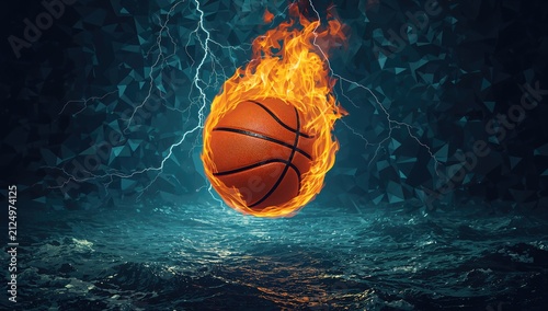 Basketball on Fire Surrounded by Ocean Waves with Lightning in Dark Background
