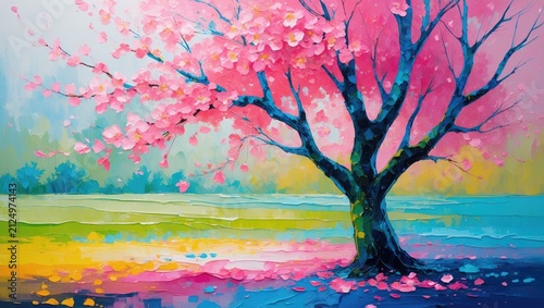 Blossoming Pink Tree in Spring Landscape with Vibrant Colors