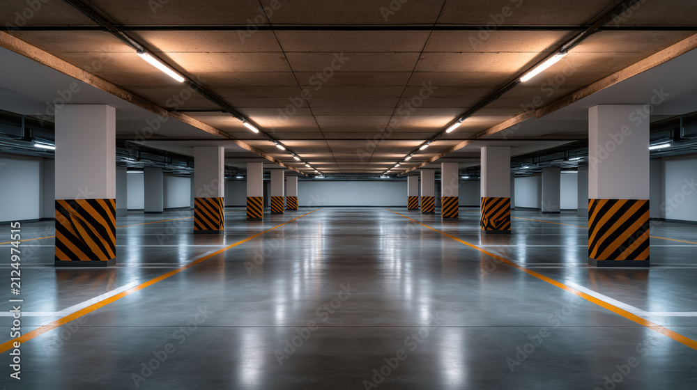 Fototapeta premium Empty underground parking garage concrete floor fluorescent lighting modern architecture striped columns urban clean spacious symmetry