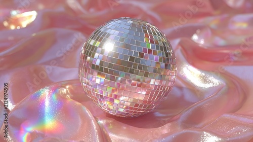 Reflective Disco Ball on Pink Satin Fabric Surface.