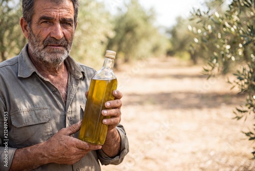 A serious, senior Mediterranean farmer with weathered hands holding a glass bottle of extra virgin olive oil, standing in a sunny olive grove.