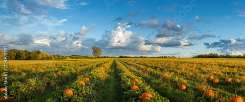Pumpkin Field Under Blue Sky with Wispy Clouds on a Sunny Day