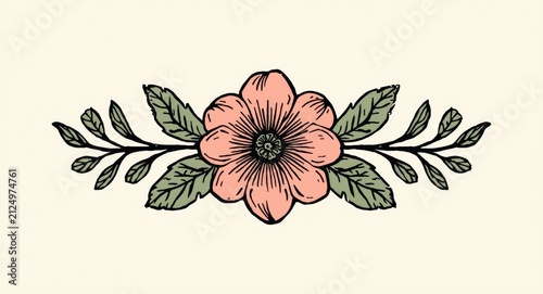 Floral Illustration with a Peach Flower and Green Leaves on a Light Background