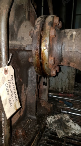 Corroded flange seeping oil with maintenance required tag for wind turbine pump inspection background