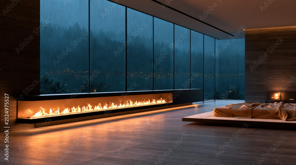 Obraz premium Modern luxury bedroom with panoramic window, long fireplace, wood floor, cozy bed, and night mountain view, warm and inviting atmosphere