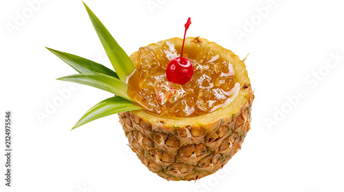 Canvastavla Tropical pineapple cocktail with cherry and green leaves, isolated on transparen