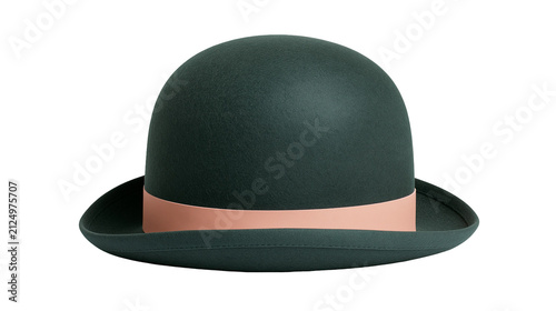Quadro su tela Dark green bowler hat with a light pink ribbon band, isolated on transparent bac