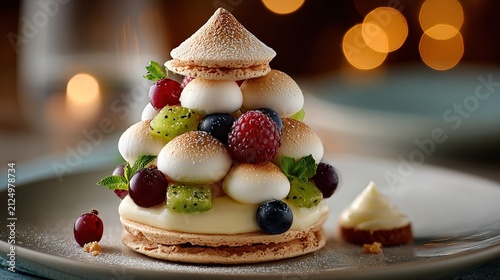 Elegant Multi-Layered Dessert with Fresh Fruits and Meringue Topping.