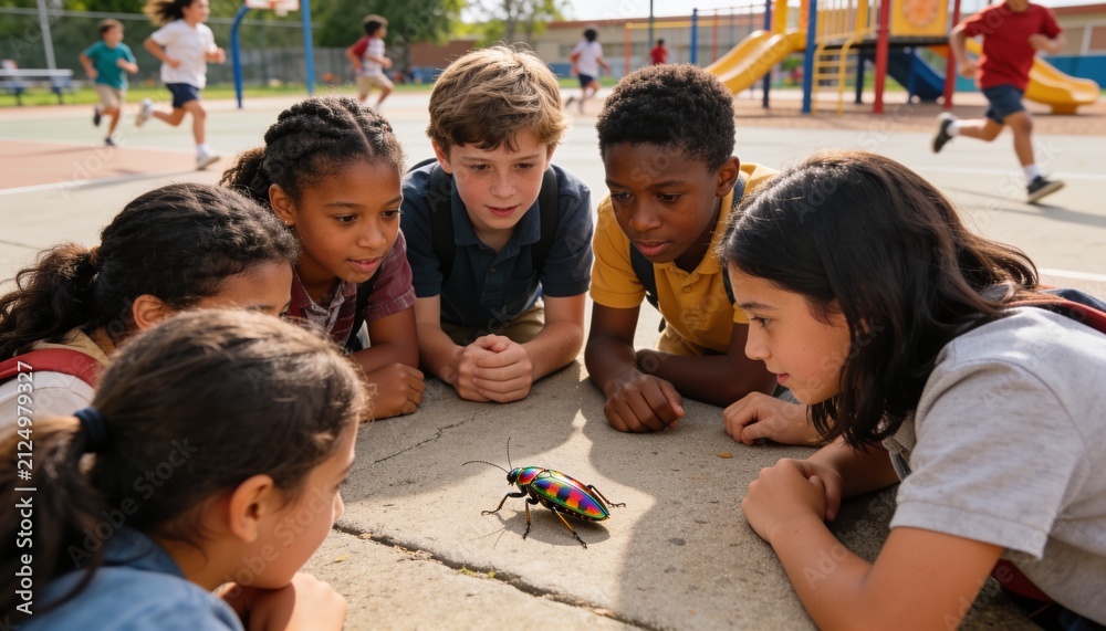 Obraz premium Gathering six kids crouching at schoolyard, observing iridescent beetle and backpacks